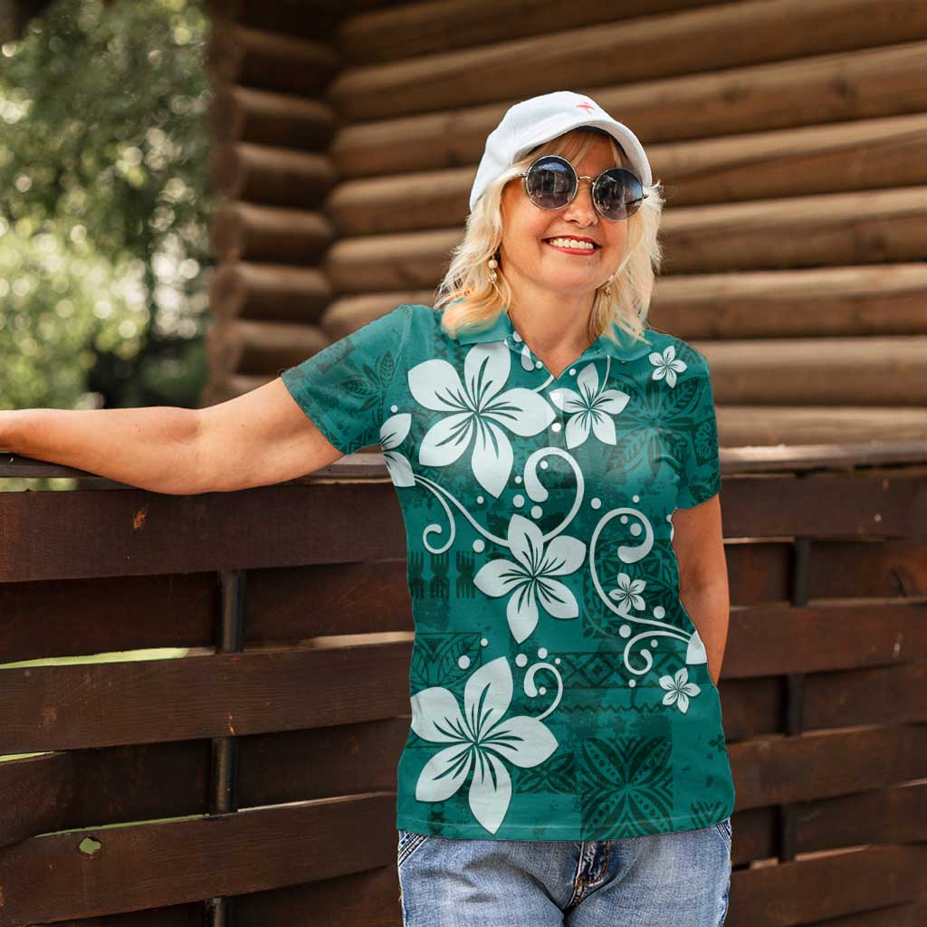 Plumeria Floral Tapa Pattern Crystal Teal Women Polo Shirt LT01 - Polynesian Pride