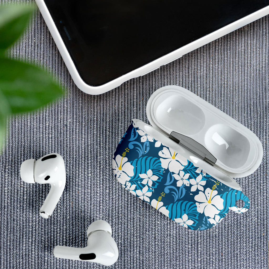 Blue Hawaiian Hibiscus Monstera AirPods Case Grunge Stylized LT01 - Polynesian Pride