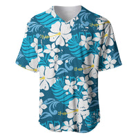 Blue Hawaiian Hibiscus Monstera Baseball Jersey Grunge Stylized