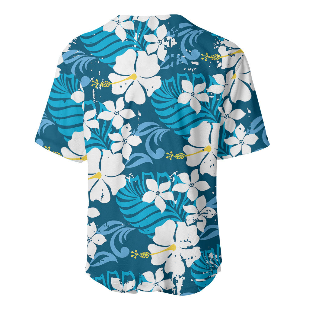 Blue Hawaiian Hibiscus Monstera Baseball Jersey Grunge Stylized