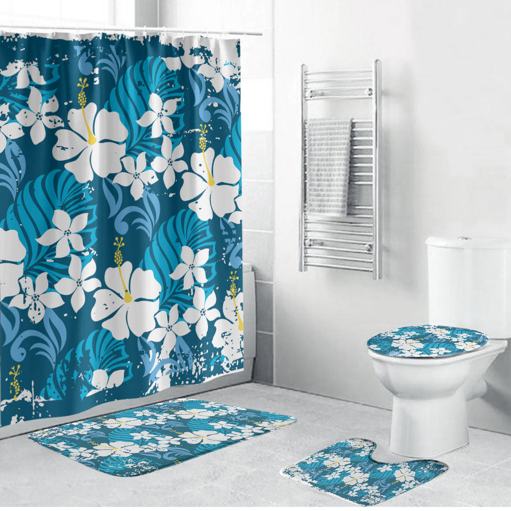 Blue Hawaiian Hibiscus Monstera Bathroom Set Grunge Stylized LT01 Bathroom Set (4 pcs) Blue - Polynesian Pride