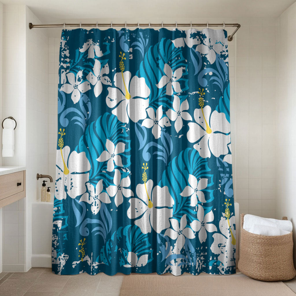 Blue Hawaiian Hibiscus Monstera Bathroom Set Grunge Stylized LT01 Shower Curtain Only Blue - Polynesian Pride