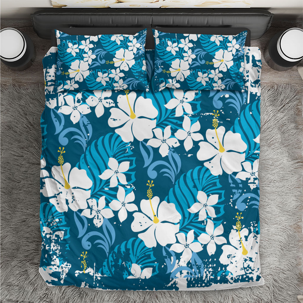 Blue Hawaiian Hibiscus Monstera Bedding Set Grunge Stylized