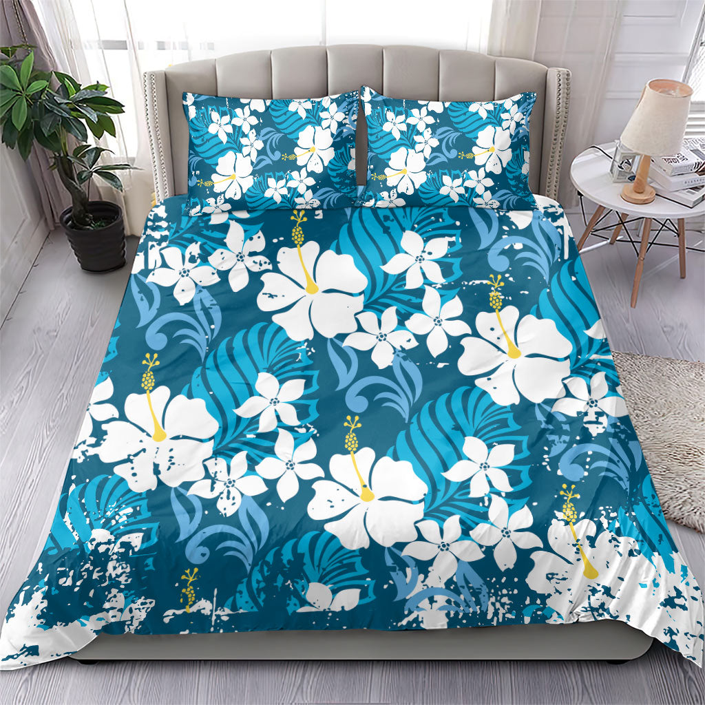 Blue Hawaiian Hibiscus Monstera Bedding Set Grunge Stylized