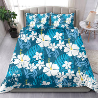 Blue Hawaiian Hibiscus Monstera Bedding Set Grunge Stylized