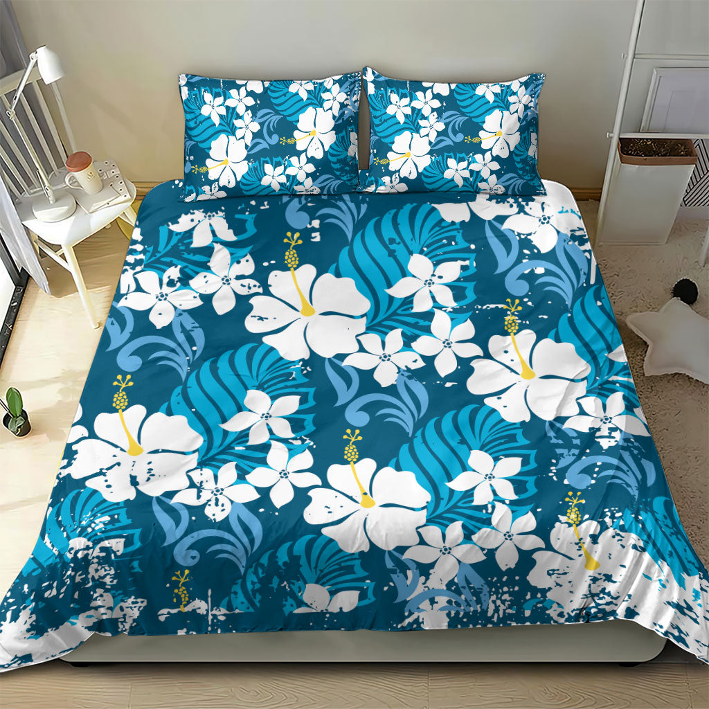 Blue Hawaiian Hibiscus Monstera Bedding Set Grunge Stylized