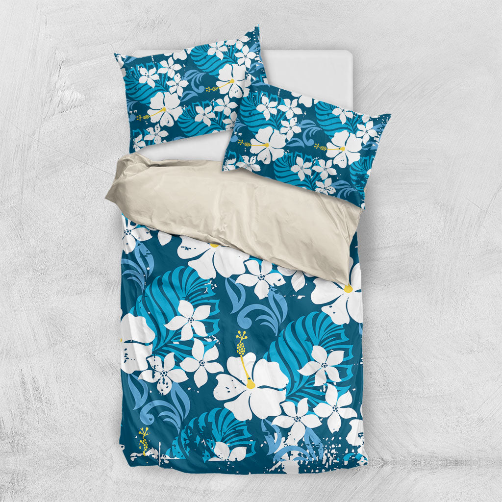 Blue Hawaiian Hibiscus Monstera Bedding Set Grunge Stylized