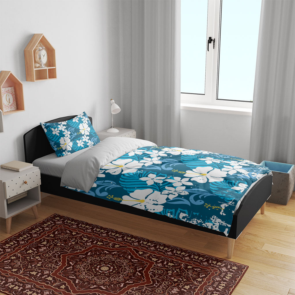 Blue Hawaiian Hibiscus Monstera Bedding Set Grunge Stylized