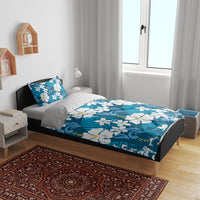 Blue Hawaiian Hibiscus Monstera Bedding Set Grunge Stylized
