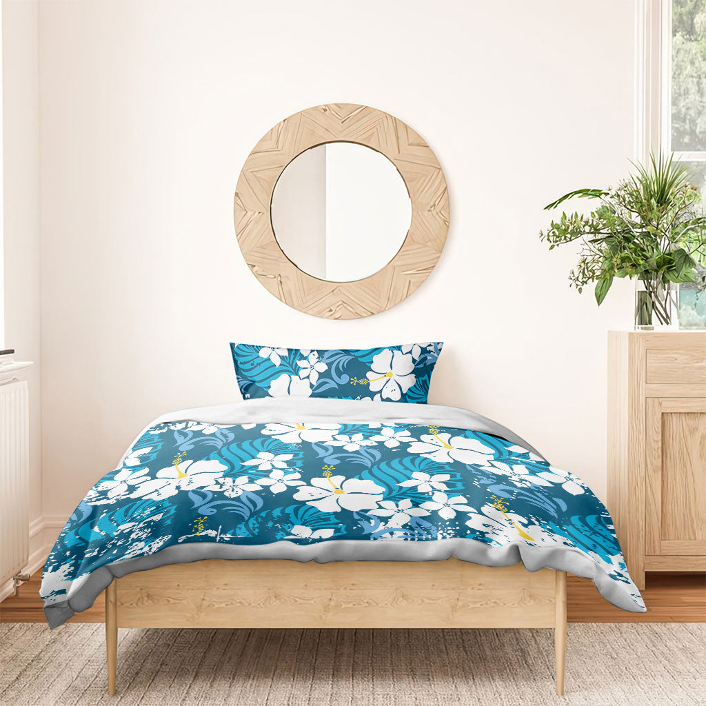 Blue Hawaiian Hibiscus Monstera Bedding Set Grunge Stylized