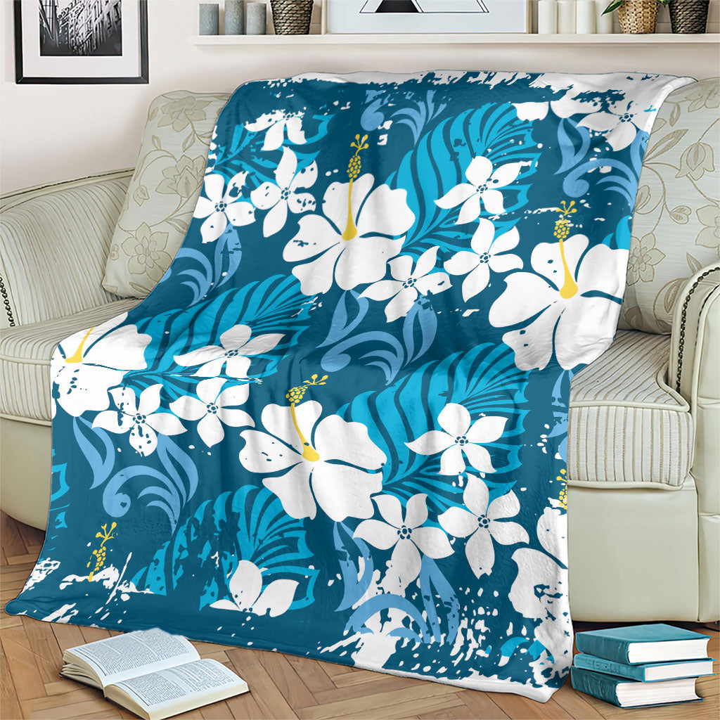 Blue Hawaiian Hibiscus Monstera Blanket Grunge Stylized