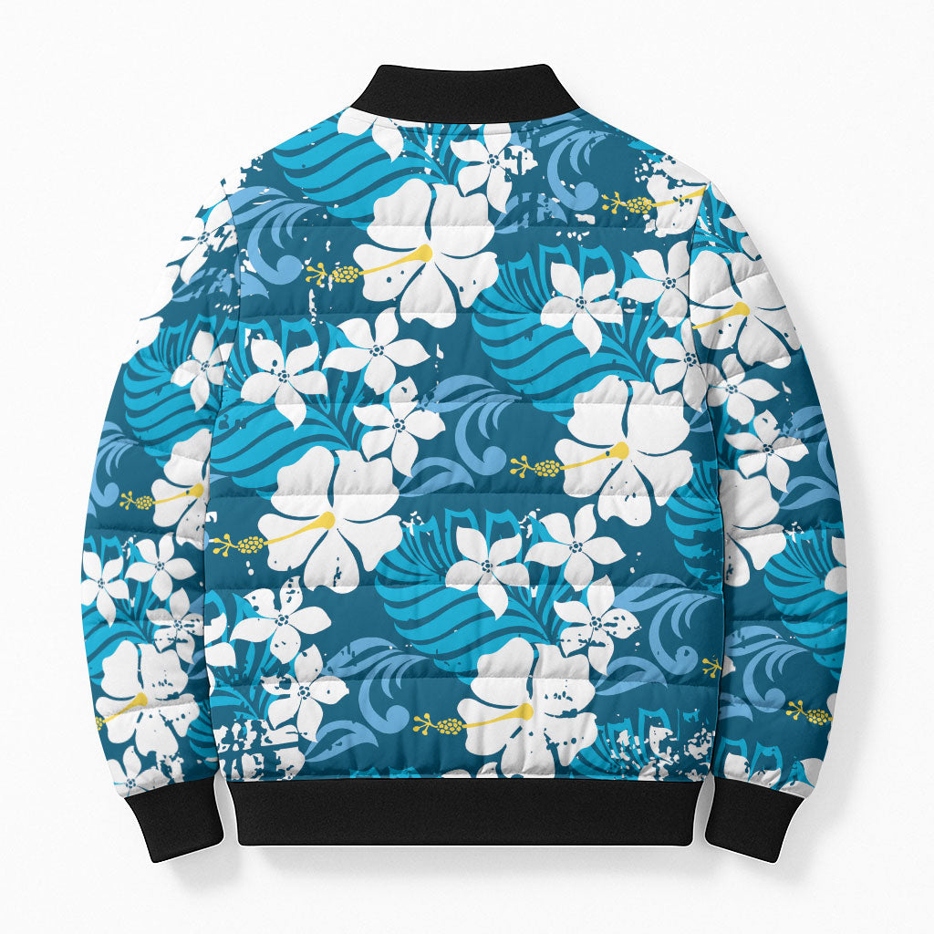 Blue Hawaiian Hibiscus Monstera Bomber Puffer Jacket Grunge Stylized