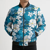 Blue Hawaiian Hibiscus Monstera Bomber Puffer Jacket Grunge Stylized