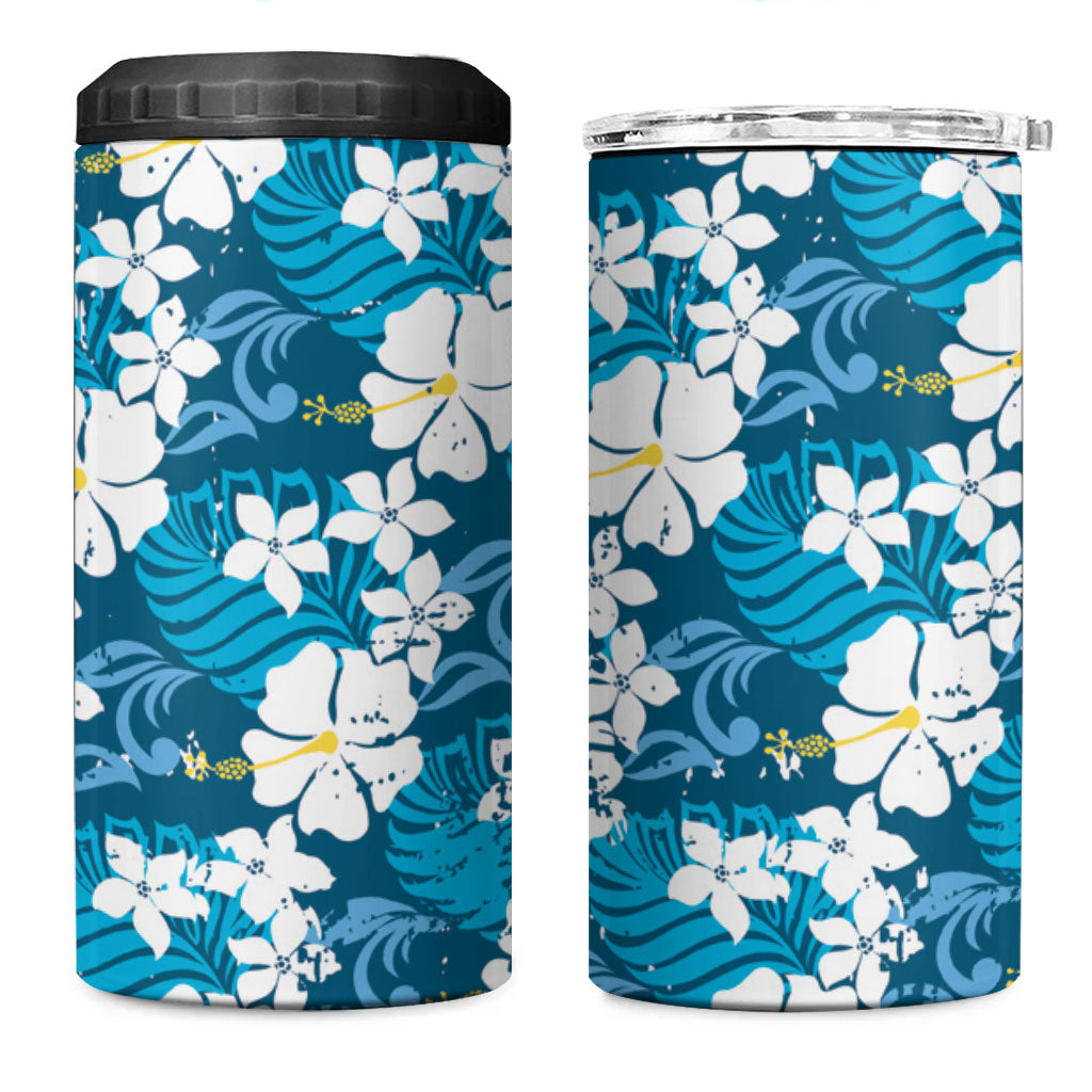 Blue Hawaiian Hibiscus Monstera 4 in 1 Can Cooler Tumbler Grunge Stylized LT01 One Size: 16 oz Blue - Polynesian Pride