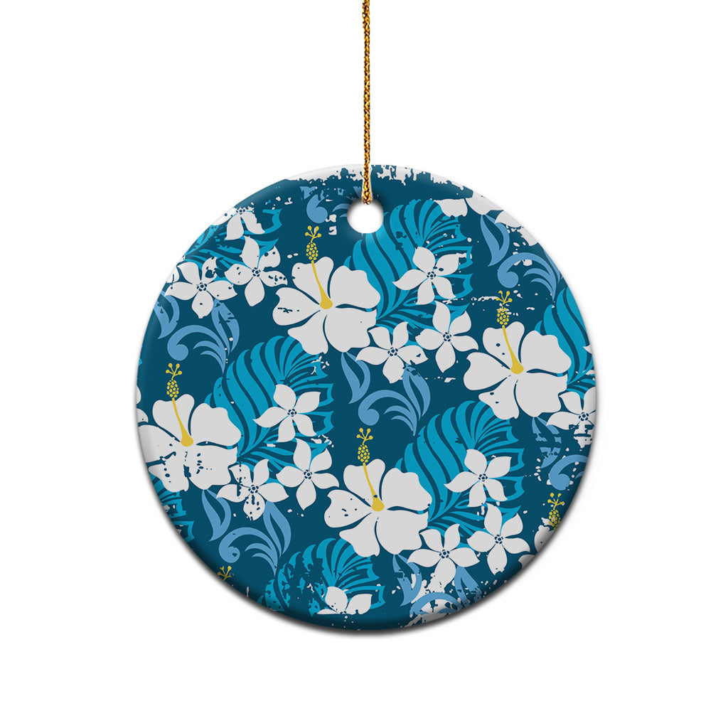 Blue Hawaiian Hibiscus Monstera Ceramic Ornament Grunge Stylized LT01 - Polynesian Pride