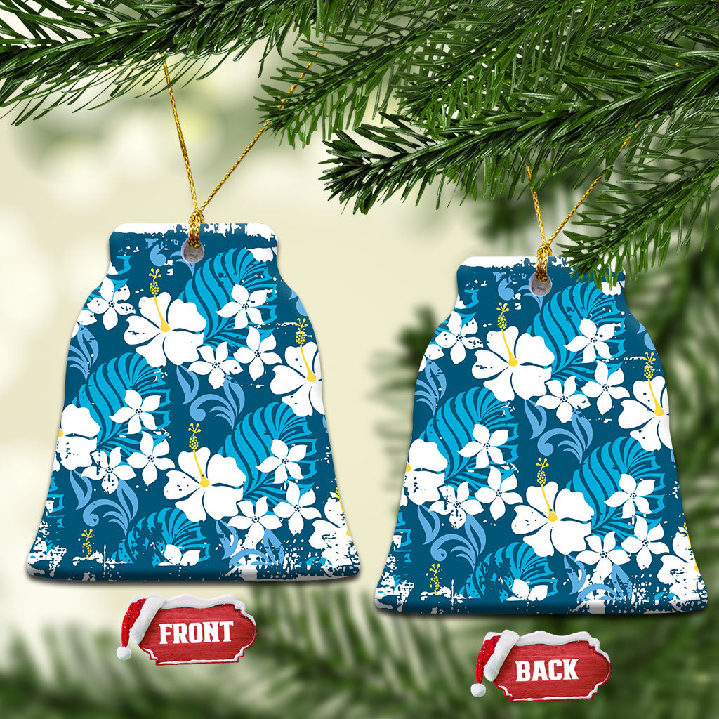 Blue Hawaiian Hibiscus Monstera Ceramic Ornament Grunge Stylized LT01 Bell Flake Blue - Polynesian Pride
