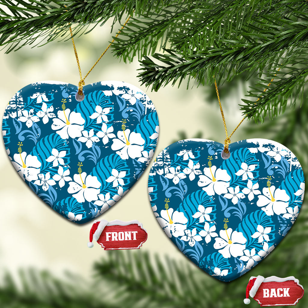 Blue Hawaiian Hibiscus Monstera Ceramic Ornament Grunge Stylized LT01 Heart Blue - Polynesian Pride