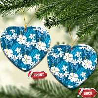 Blue Hawaiian Hibiscus Monstera Ceramic Ornament Grunge Stylized LT01 Heart Blue - Polynesian Pride