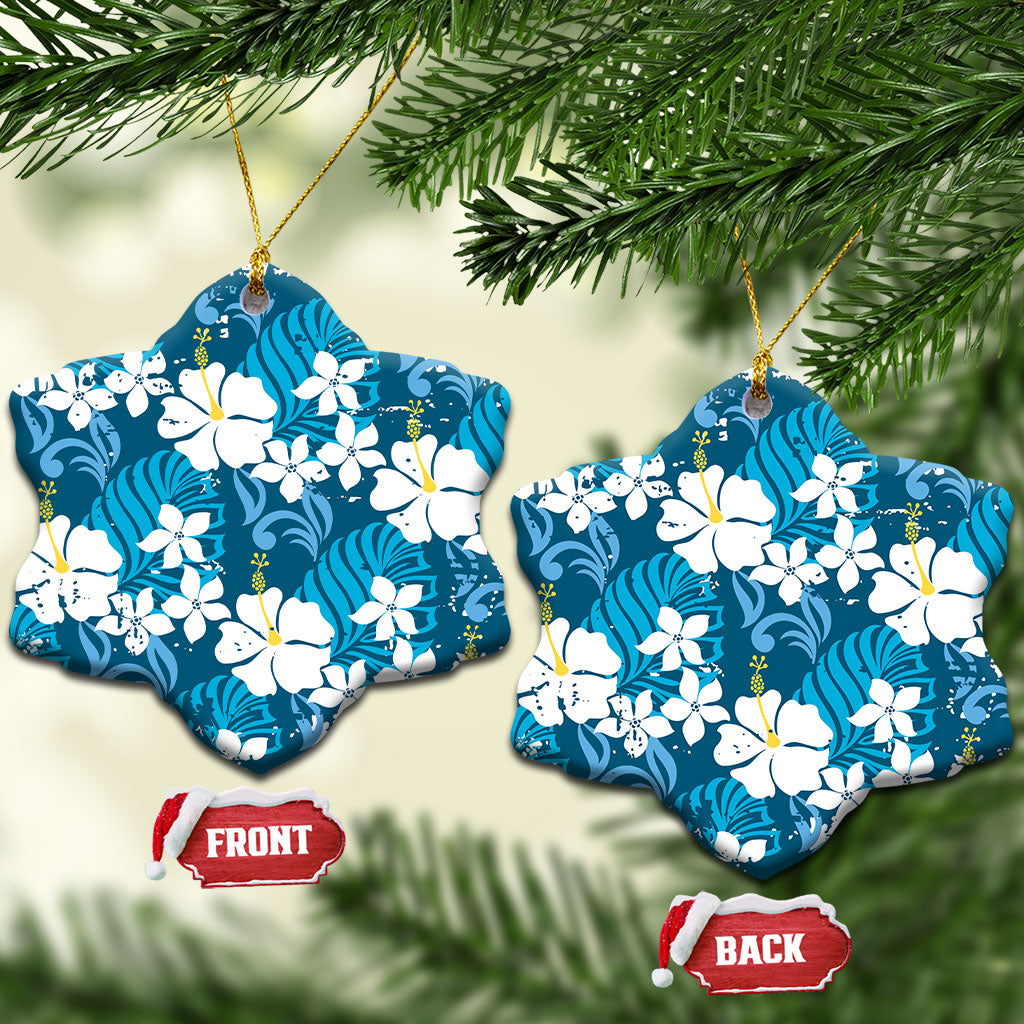Blue Hawaiian Hibiscus Monstera Ceramic Ornament Grunge Stylized LT01 Snow Flake Blue - Polynesian Pride