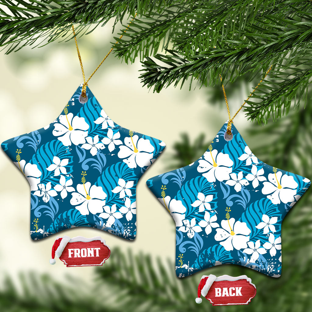 Blue Hawaiian Hibiscus Monstera Ceramic Ornament Grunge Stylized LT01 Star Blue - Polynesian Pride