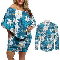 Blue Hawaiian Hibiscus Monstera Couples Matching Off Shoulder Short Dress and Long Sleeve Button Shirt Grunge Stylized LT01 Blue - Polynesian Pride