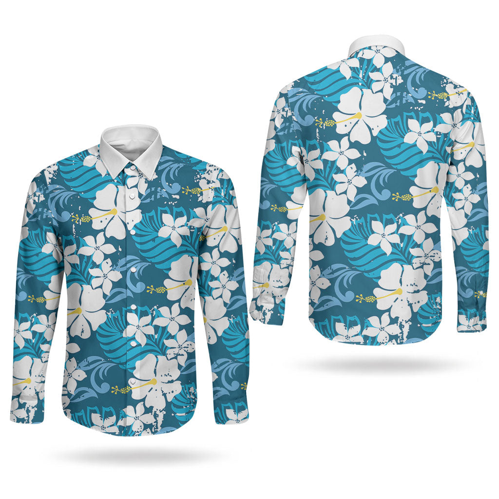 Blue Hawaiian Hibiscus Monstera Couples Matching Off Shoulder Short Dress and Long Sleeve Button Shirt Grunge Stylized LT01 - Polynesian Pride