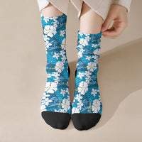 Blue Hawaiian Hibiscus Monstera Crew Socks Grunge Stylized LT01 Crew Socks Blue - Polynesian Pride