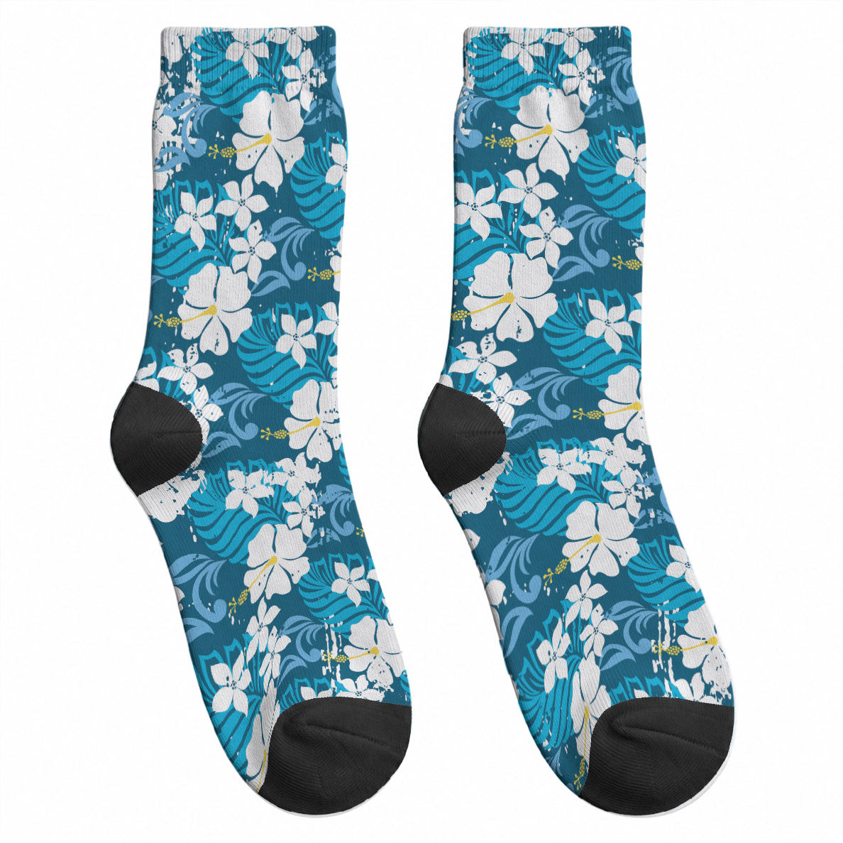Blue Hawaiian Hibiscus Monstera Crew Socks Grunge Stylized LT01 - Polynesian Pride