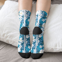 Blue Hawaiian Hibiscus Monstera Crew Socks Grunge Stylized LT01 - Polynesian Pride
