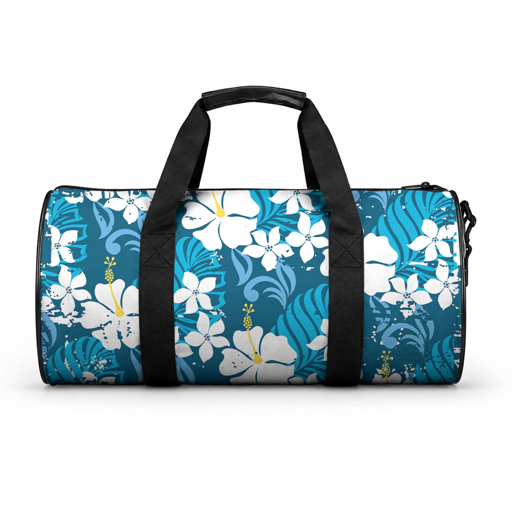 Blue Hawaiian Hibiscus Monstera Duffle Bag Grunge Stylized