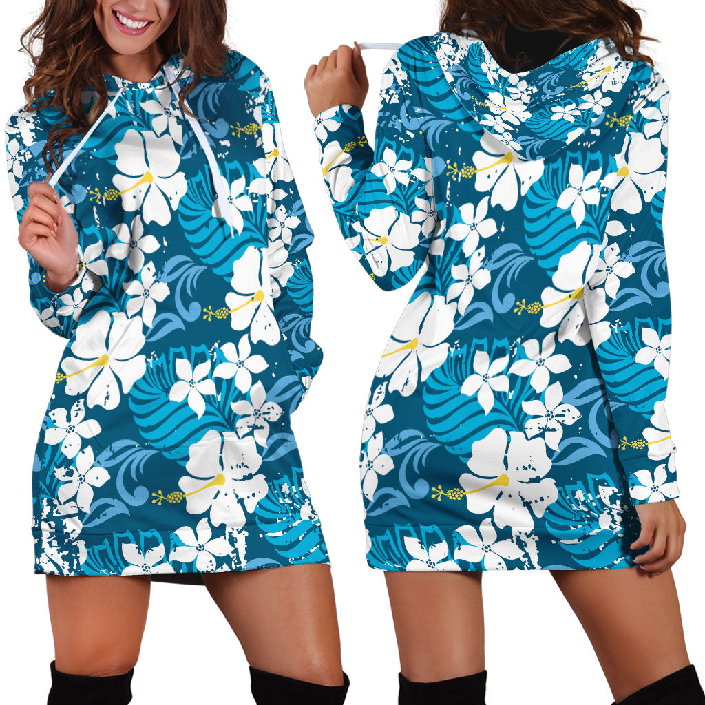 Blue Hawaiian Hibiscus Monstera Hoodie Dress Grunge Stylized LT01 - Polynesian Pride
