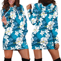 Blue Hawaiian Hibiscus Monstera Hoodie Dress Grunge Stylized LT01 - Polynesian Pride