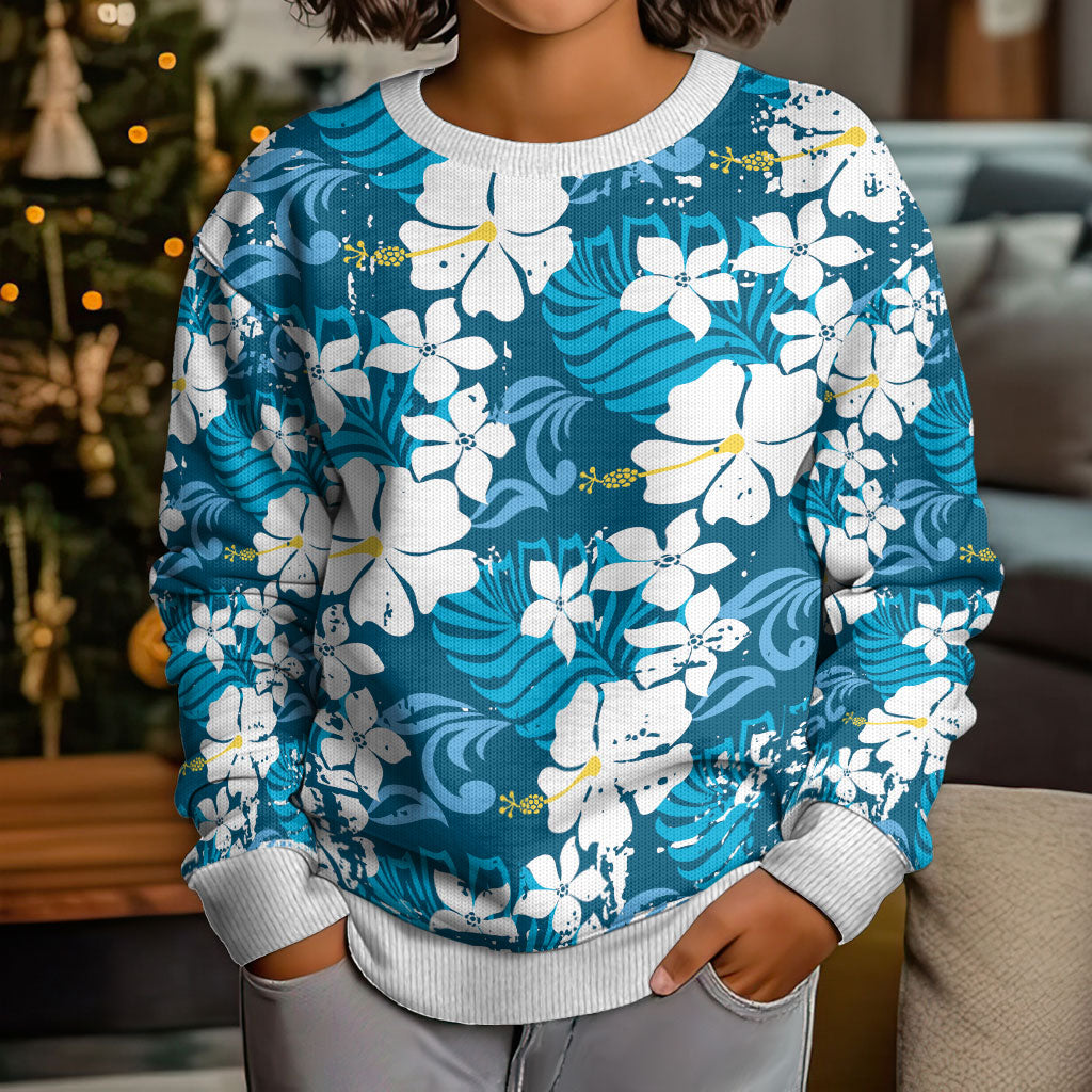 Blue Hawaiian Hibiscus Monstera Kid Ugly Christmas Sweater Grunge Stylized LT01 - Polynesian Pride
