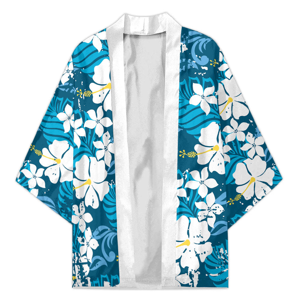 Blue Hawaiian Hibiscus Monstera Kimono Grunge Stylized