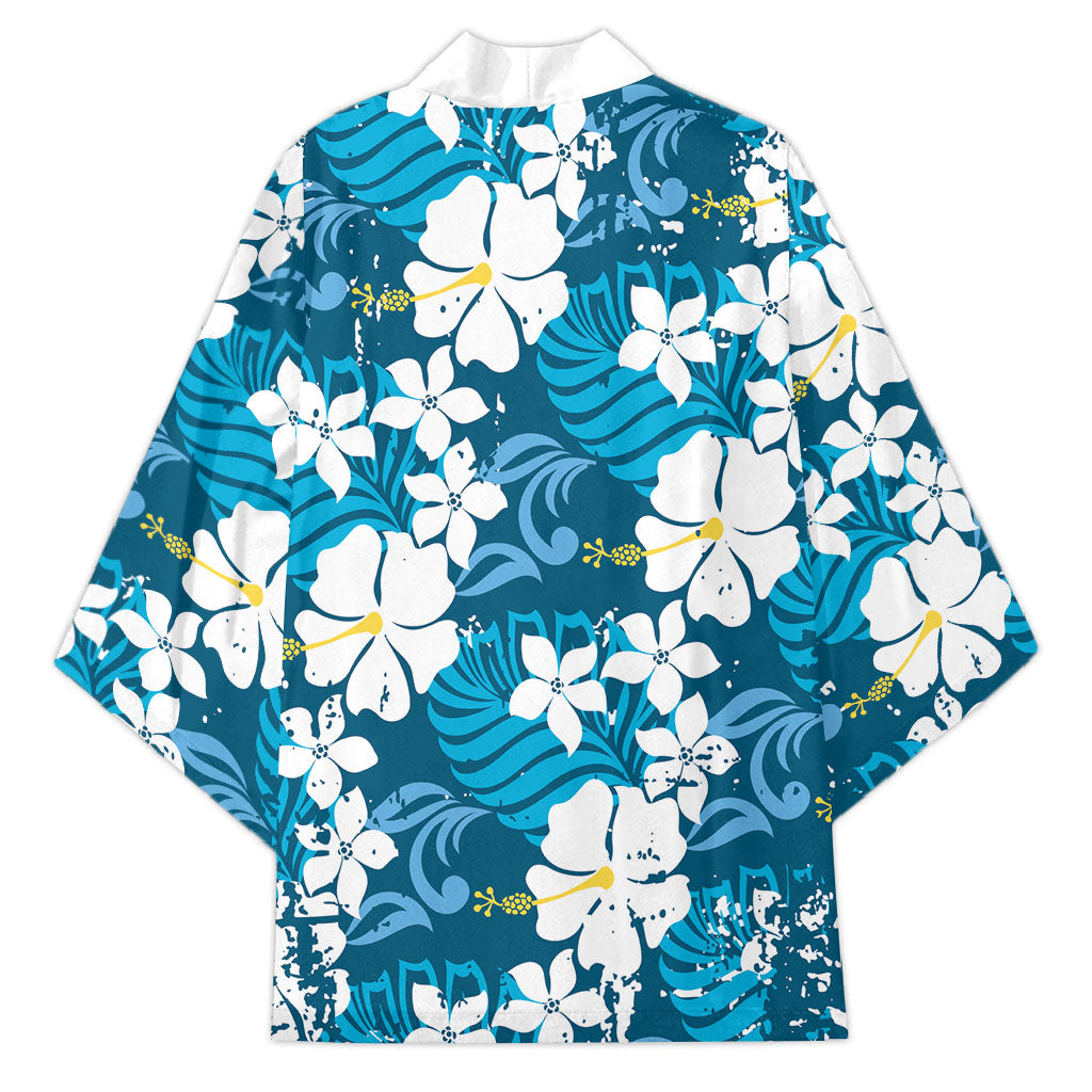Blue Hawaiian Hibiscus Monstera Kimono Grunge Stylized