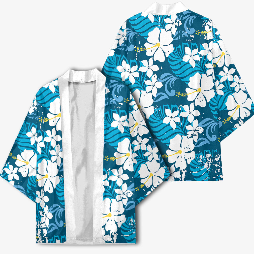 Blue Hawaiian Hibiscus Monstera Kimono Grunge Stylized