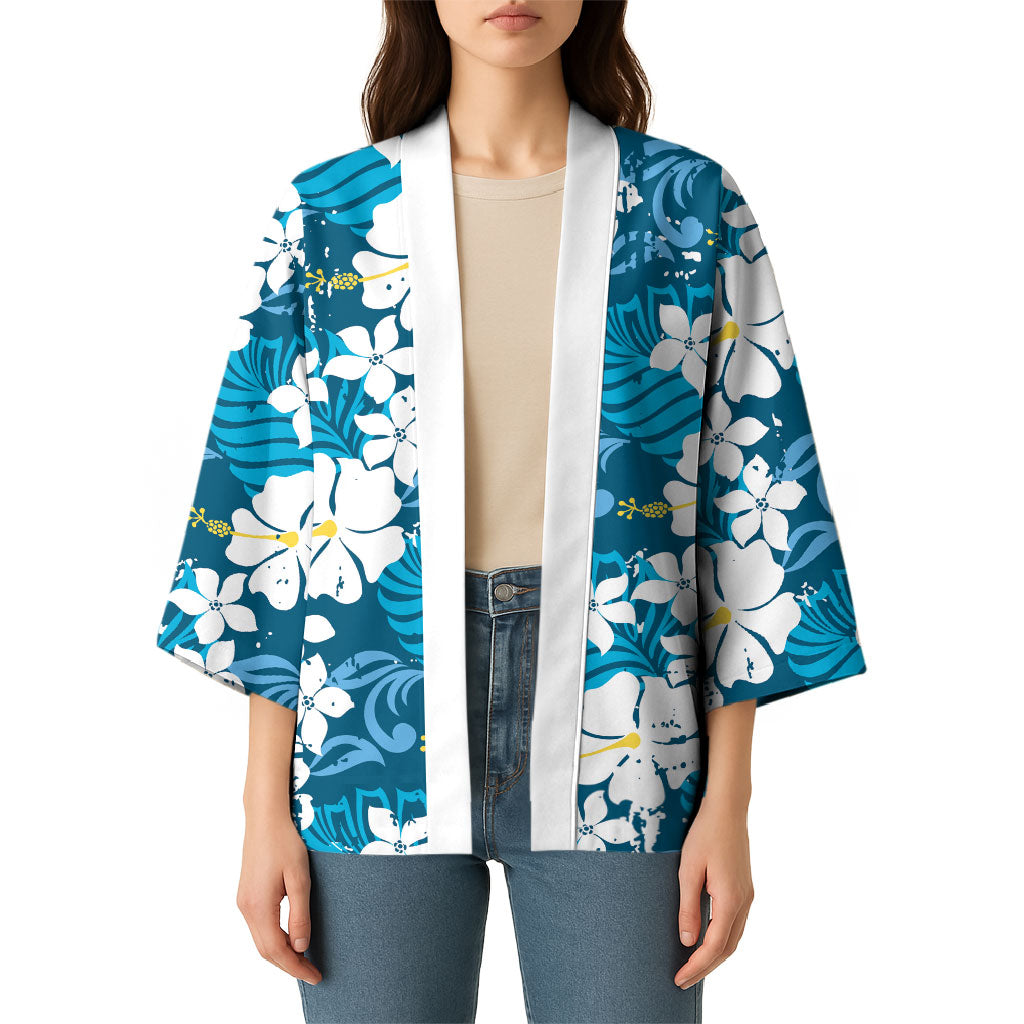 Blue Hawaiian Hibiscus Monstera Kimono Grunge Stylized