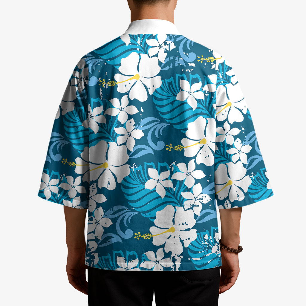 Blue Hawaiian Hibiscus Monstera Kimono Grunge Stylized