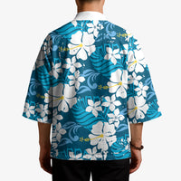 Blue Hawaiian Hibiscus Monstera Kimono Grunge Stylized