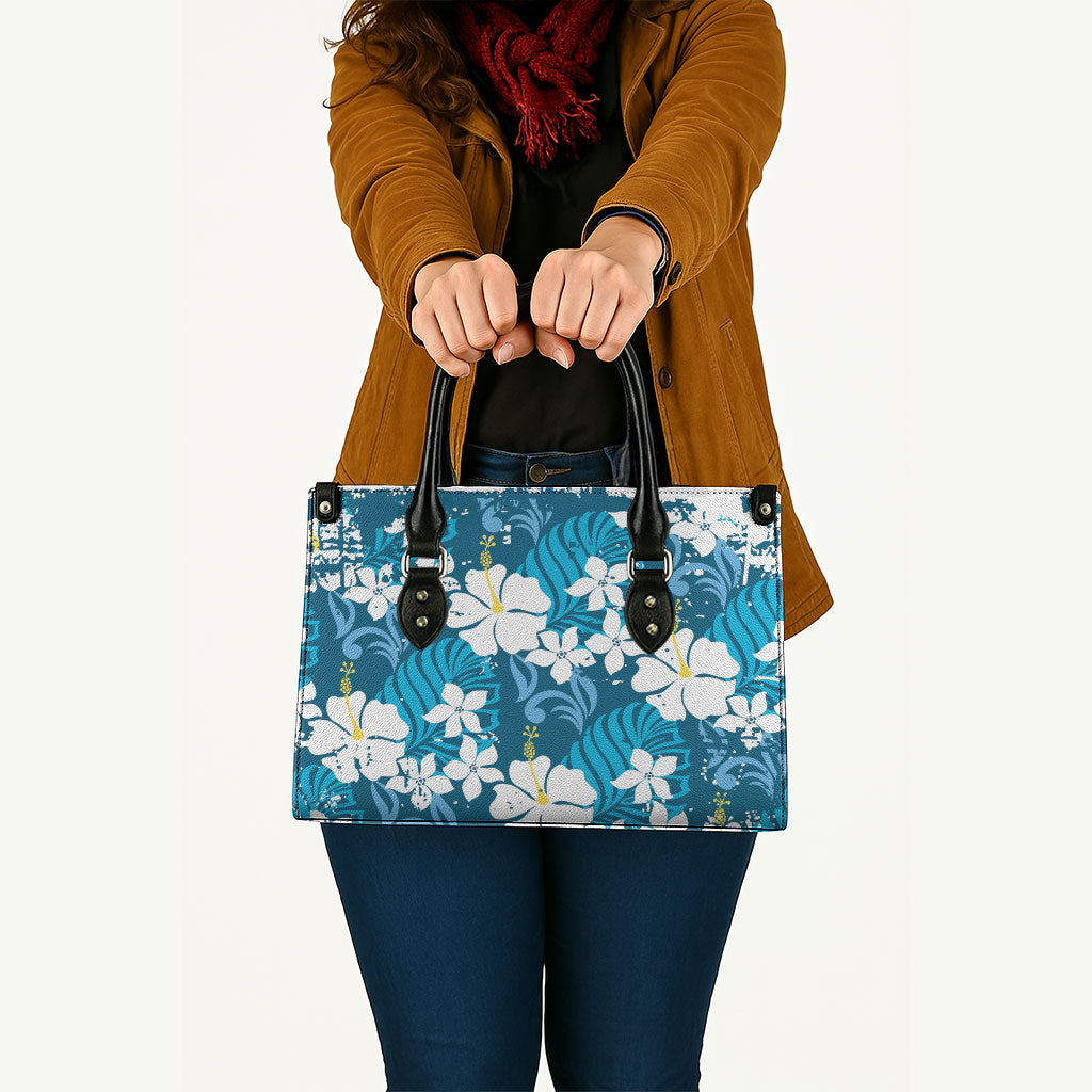 Blue Hawaiian Hibiscus Monstera Leather Bag Grunge Stylized