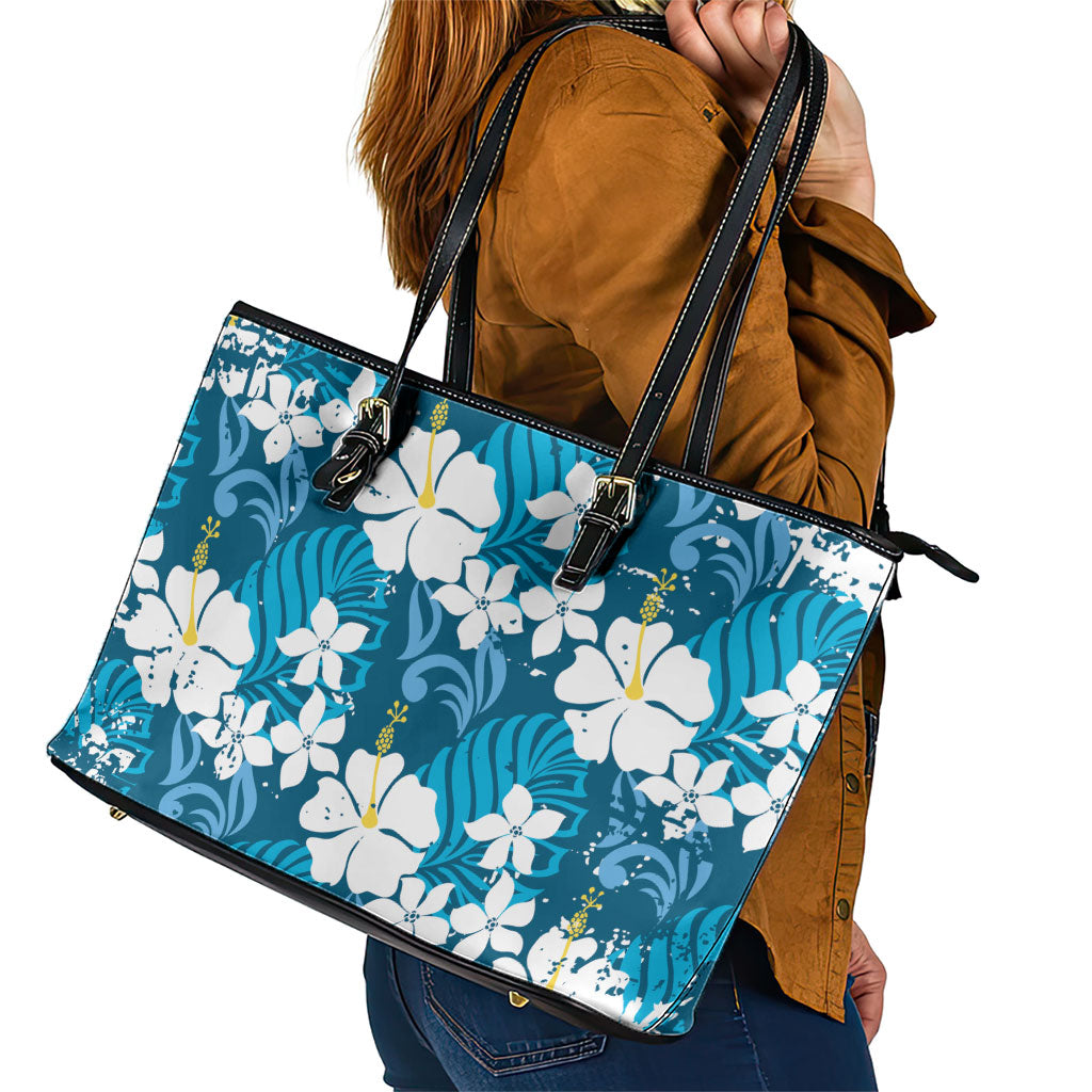 Blue Hawaiian Hibiscus Monstera Leather Tote Bag Grunge Stylized LT01 - Polynesian Pride