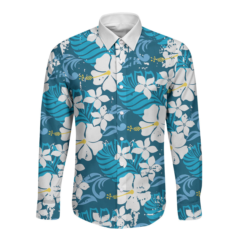 Blue Hawaiian Hibiscus Monstera Long Sleeve Button Shirt Grunge Stylized LT01 Unisex Blue - Polynesian Pride