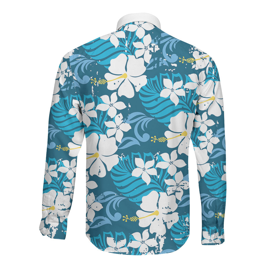 Blue Hawaiian Hibiscus Monstera Long Sleeve Button Shirt Grunge Stylized LT01 - Polynesian Pride