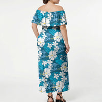 Blue Hawaiian Hibiscus Monstera Off Shoulder Maxi Dress Grunge Stylized LT01 - Polynesian Pride