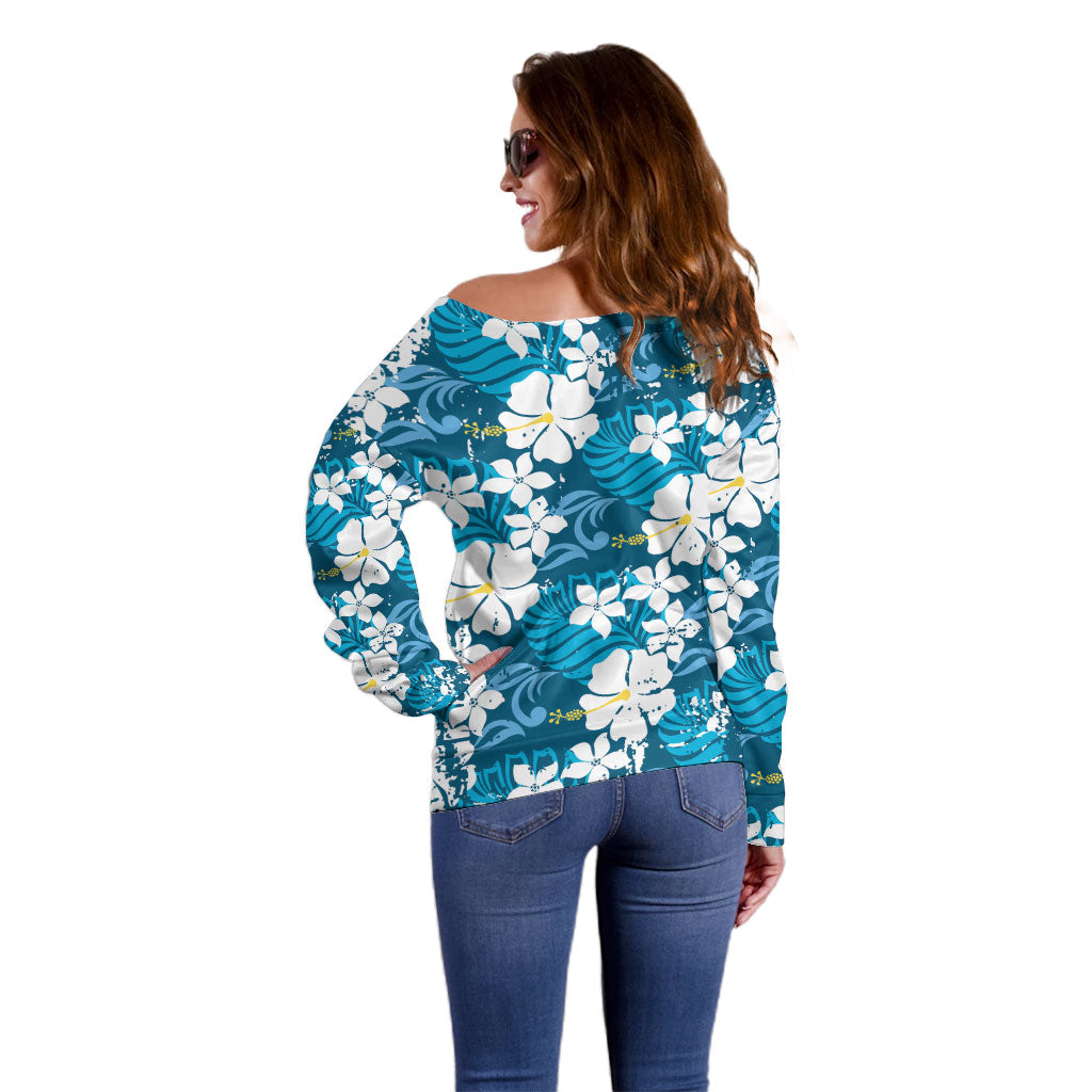 Blue Hawaiian Hibiscus Monstera Off Shoulder Sweater Grunge Stylized