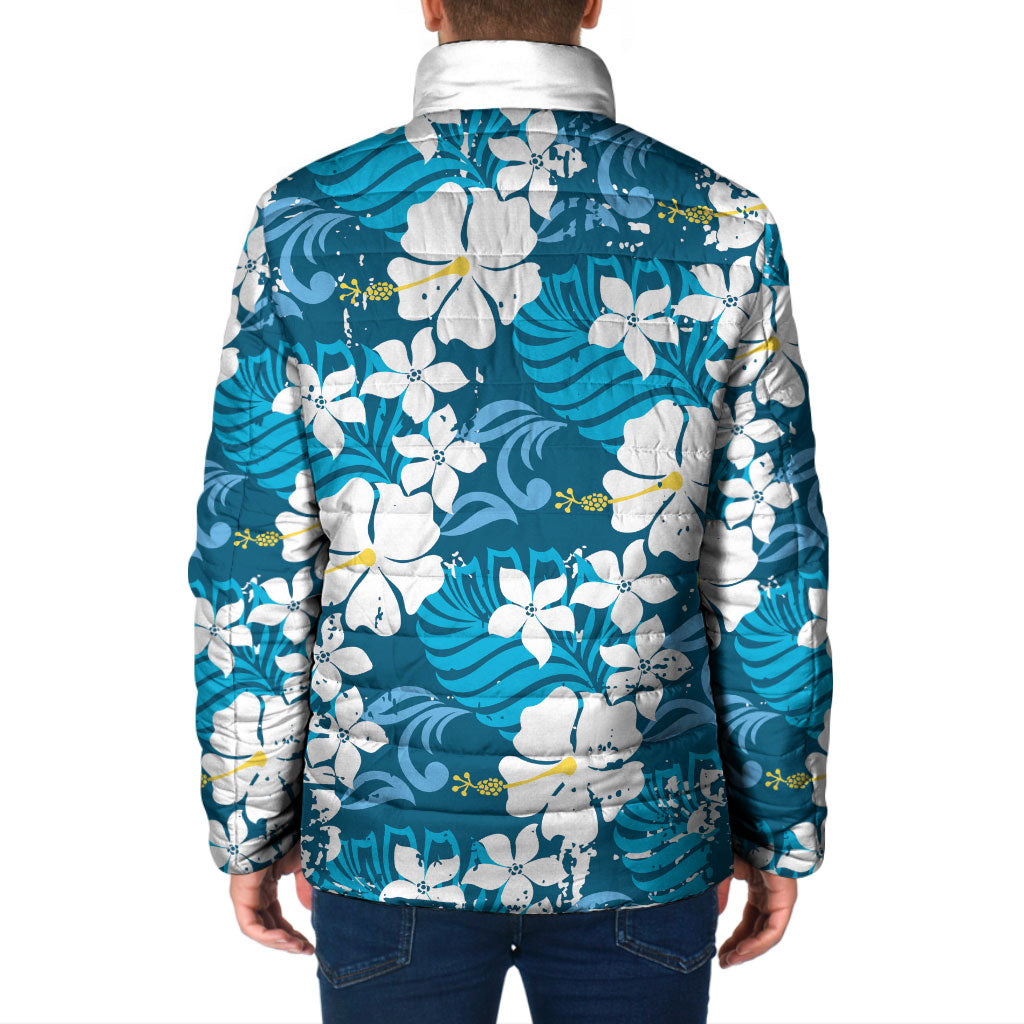 Blue Hawaiian Hibiscus Monstera Padded Jacket Grunge Stylized