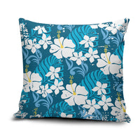Blue Hawaiian Hibiscus Monstera Pillow Cover Grunge Stylized