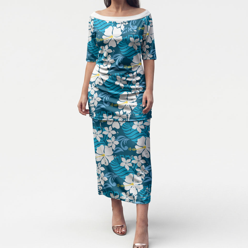 Blue Hawaiian Hibiscus Monstera Puletasi Grunge Stylized LT01 Long Dress Blue - Polynesian Pride