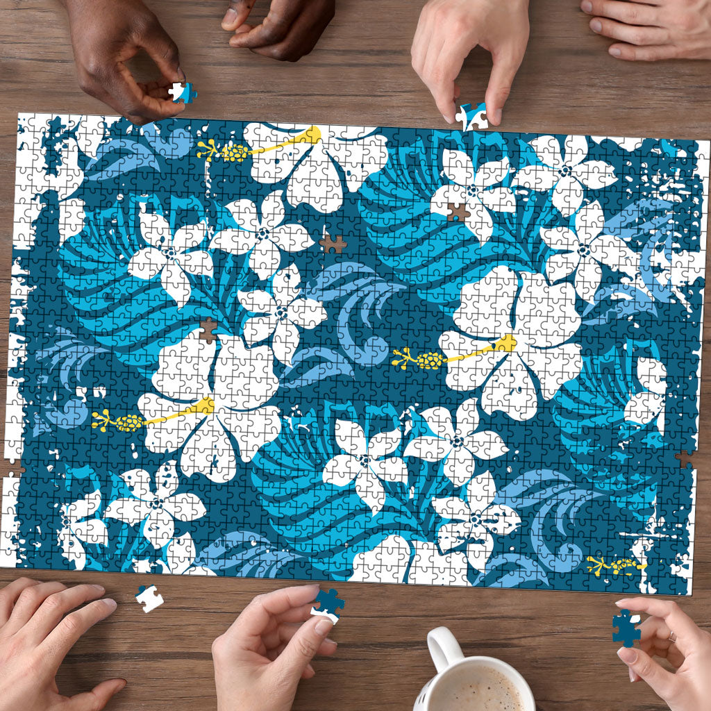 Blue Hawaiian Hibiscus Monstera Puzzle Grunge Stylized LT01 - Polynesian Pride