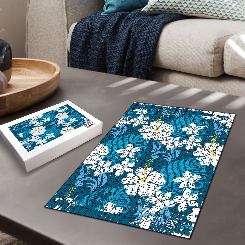 Blue Hawaiian Hibiscus Monstera Puzzle Grunge Stylized LT01 - Polynesian Pride